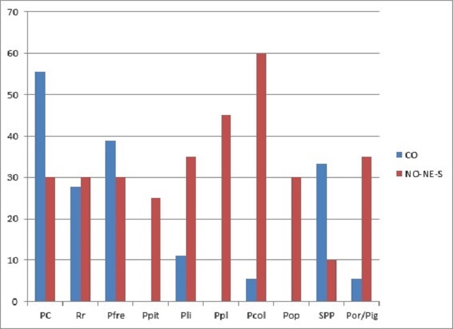 Comparaci&oacute;n regional del estado de salud bucodental entre CO y las regiones NO, NE y S unidas, seg&uacute;n los porcentajes de individuos afectados. Referencias: CO: regi&oacute;n centro oeste; NO-NE-S: regi&oacute;n noroeste, noreste y sur; PC: piezas cariadas; Rr: restos radiculares; Pfre: piezas con desprendimiento y/o fractura de esmalte; Ppit: piezas con perforaciones del esmalte; Pli: Piezas con l&iacute;neas adamantinas o estr&iacute;as; Ppl: piezas con planos; Pcol: piezas con cambios en la coloraci&oacute;n del esmalte; Pop: piezas con opacidades adamantinas. Porcentajes de alv&eacute;olos con: SPP: secuelas de procesos periapicales. Por/pig: alteraciones en el color y porosidad de la tabla &oacute;sea alveolar.
