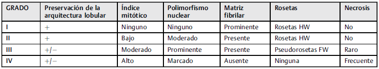 Clasificación histológica de Hyams. * Rosetas HW: Rosetas verdaderas tipo Flexner - Wintersteiner. * Pseudorosetas FW: Pseudorosetas tipo Homer Wright