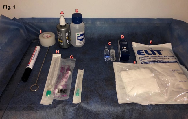 Materiales utilizados en el procedimiento de bloqueo nervioso epidural y radicular. (A) Iodopovidona. (B) Alcohol. (C) Lidocaína 2%. (D) Triamcinolona 30 mg. (E) Guantes estériles. (F) Gasas. (G) Jeringa 10 ml. (H) Aguja espinal 21 G. (I) Cinta adhesiva.