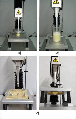 Photographs of TPA (a), forward extrusion (b), and extensibility tests (c).