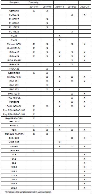 Table No. 1 -Rice samples analyzed corresponding to the 2016-17 to 2020-21 campaigns and the nine coded samples*