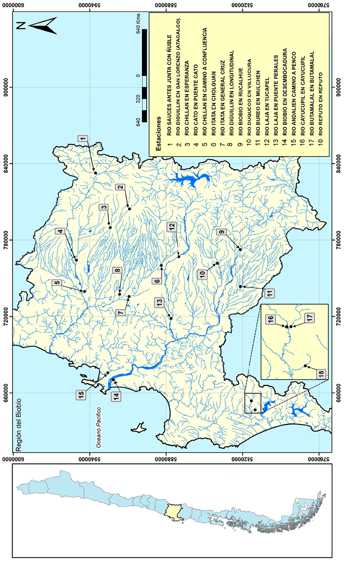 Estaciones de aforo en la regi&oacute;n del Biob&iacute;o, basada en la carta 1:50.000 del IGM, datum WGS 1984, huso 18.