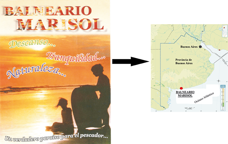  Postal tur&iacute;stica del Balneario Marisol y su localizaci&oacute;n en el mapa.