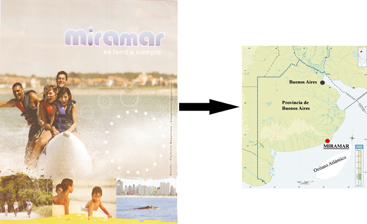 Postal tur&iacute;stica de Miramar y su localizaci&oacute;n en el mapa.