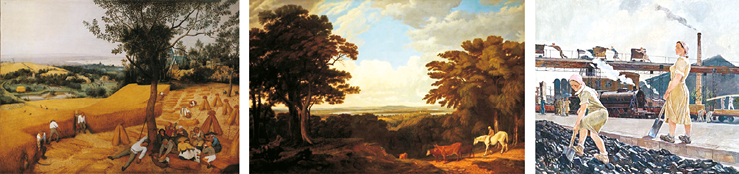 a) &ldquo;La Cosecha&rdquo; (Pieter Brueghel &ldquo;El Viejo&rdquo;), b) &ldquo;Newnham-on-Severn from Dean Hill&rdquo; (William Turner) y c) &ldquo;En la cuenca del Don&rdquo; (Aleksandr Deineka)