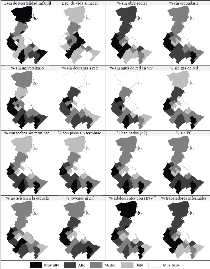 Indicadores de marginalidad urbana (cortes naturales). Municipios de la Región Metropolitana de Buenos Aires, año 2010.