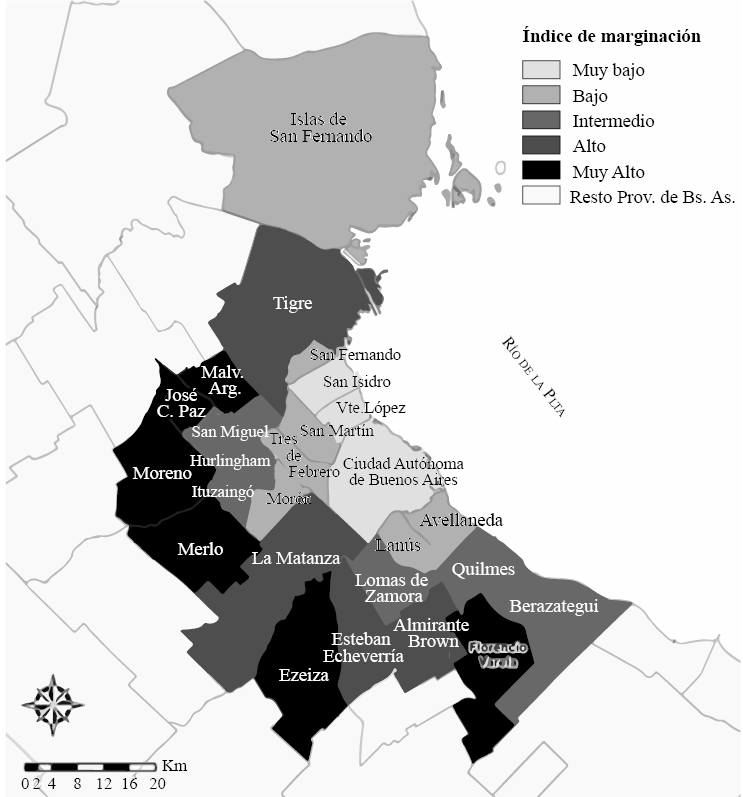 Municipios según índice de marginación urbana. Región Metropolitana de Buenos Aires, año 2010.