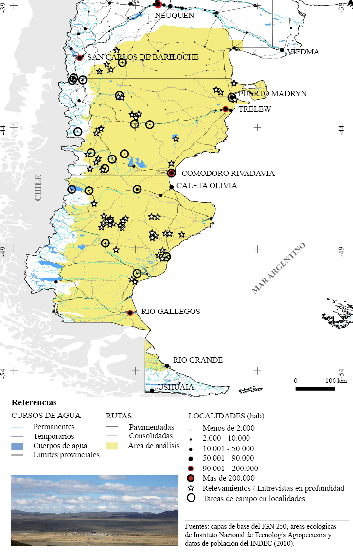 Patagonia esteparia. Las ‘estrellas’ indican sitios y sectores donde se concentraron tareas de campo (relevamientos y/o entrevistas, 2012-2015)