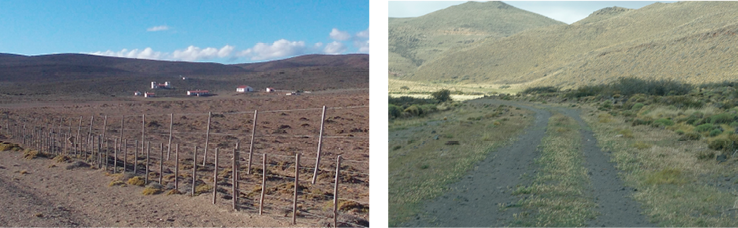 Estancia en estado de ‘latencia’ productiva; cercanías del valle del Genoa, 2014 (izquierda). Campos prácticamente abandonados en un borde serrano en cercanías de Sierra Nevada; nótese el estado del ‘camino provincial’ (ruta provincial 23), así como la falta de alambrados laterales, 2014 (derecha).