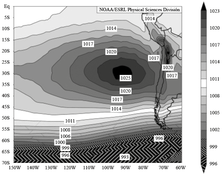  Distribuci&oacute;n espacial media de la presi&oacute;n atmosf&eacute;rica a nivel del mar en el periodo abril-setiembre del a&ntilde;o 1948