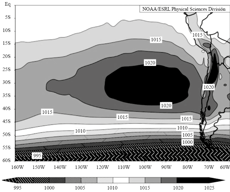  Distribuci&oacute;n espacial media de la presi&oacute;n atmosf&eacute;rica a nivel del mar en el periodo abril-setiembre del a&ntilde;o 2012