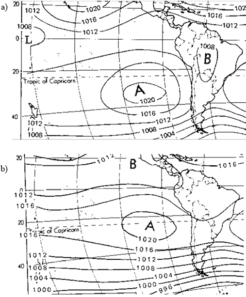 Posici&oacute;n media del Anticicl&oacute;n Subtropical Pac&iacute;fico Sur (ASPSO) en enero (a) y en julio (b).