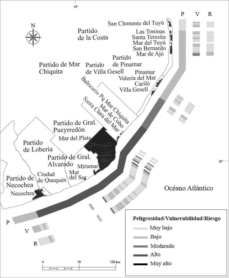 Peligrosidad (P), vulnerabilidad (V) y riesgo (R) de erosión
			 costera del sector este y sudeste del área de estudio.