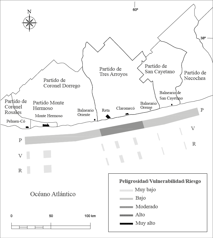  Peligrosidad (P), vulnerabilidad (V) y riesgo (R) 
			de erosión costera del sector sur del área de estudio.
