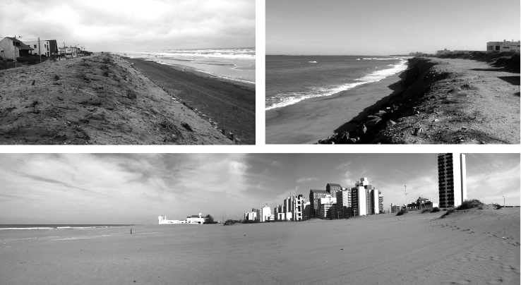 A) Médano costero artificial creado con el fin de favorecer el crecimiento de la playa en Las Toninas (partido de La Costa) (26-02-08). B) Pedraplenes de rocas protegen el acantilado en la angosta playa de Bahía de los Vientos (28-04-09). C) Extensas playas se desarrollan en el frente urbanizado de Necochea (30-08-06).