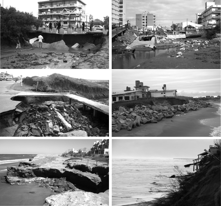 Destrucción de parte del paseo costanero e infraestructura en A) Las Toninas, B) Santa Teresita y C) Mar del Tuyú, luego de un intenso temporal (27-02-08). Remoción en masa y retroceso del acantilado en D) Balneario Mar Chiquita (22-09-09) y E) Bahía de los Vientos (18-03-08), luego de períodos de fuerte oleaje. F) Un intenso temporal con elevada onda de tormenta en Necochea alcanzó el pie de médano en playas extensas con la consecuente destrucción de infraestructura balnearia (22-07-09)