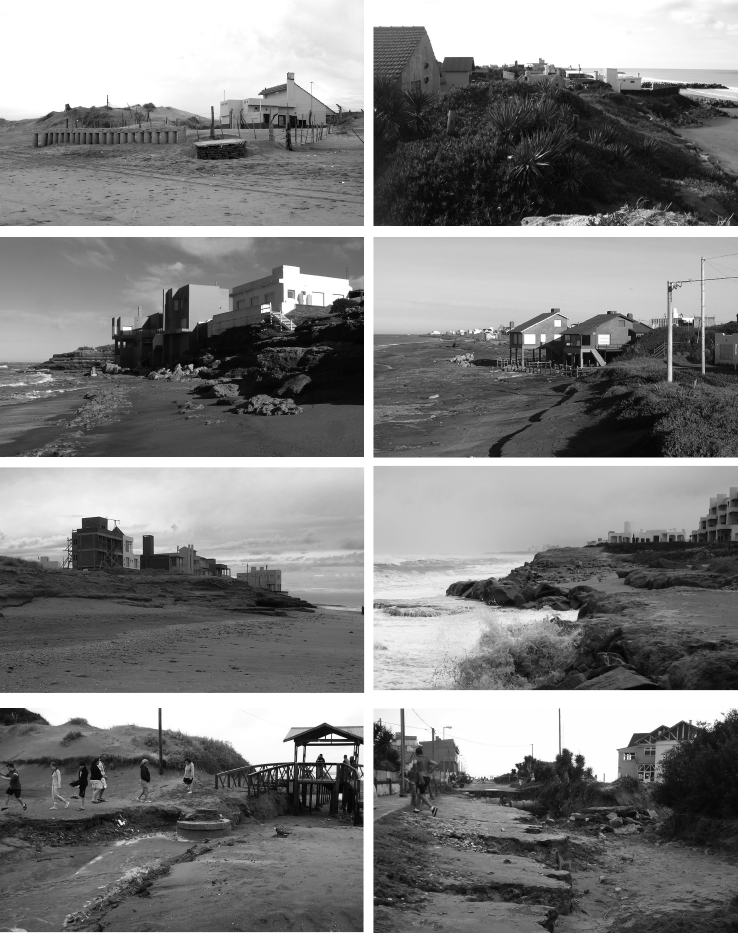 A) Vivienda en el Balneario Mar Chiquita sobre la playa alcanzada por la marea. B) Viviendas en el Balneario Mar Chiquita situadas al borde del acantilado, cuyo pie se halla protegido con pedraplenes (09-07-15). En Mar del Sur, viviendas sobre acantilados (C) (29-06-15), sobre la playa (D) (30-06-14) y en construcción (E) (25-03-13) finalizada en 2014. F) Departamentos próximos al pie de acantilado en Bahía de los Vientos (Necochea) durante un temporal (22-07-09). Deterioro de infraestructura luego de temporal (27-02-08) en Las Toninas (G) y Mar del Tuyú (H).