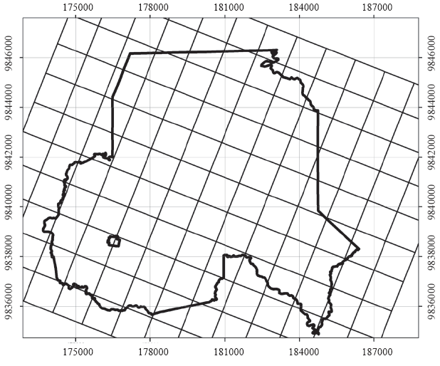 Malla cuadricular sobrepuesta aleatoriamente sobre el &aacute;rea
de estudio.