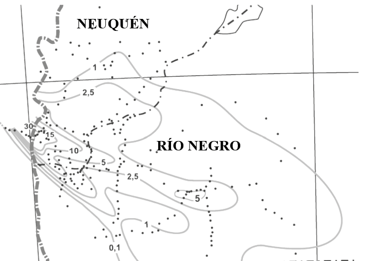  Mapa isop&aacute;quico de la erupci&oacute;n del Cord&oacute;n Caulle de 2011 (provincias de Neuqu&eacute;n y R&iacute;o Negro). Dep&oacute;sitos pirocl&aacute;sticos (espesores en cm).
