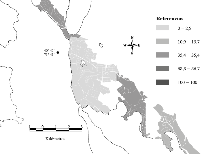 Hogares con agua de lluvia, r&iacute;o, canal, arroyo o acequia (en porcentaje). Villa La Angostura, Neuqu&eacute;n. 2010.