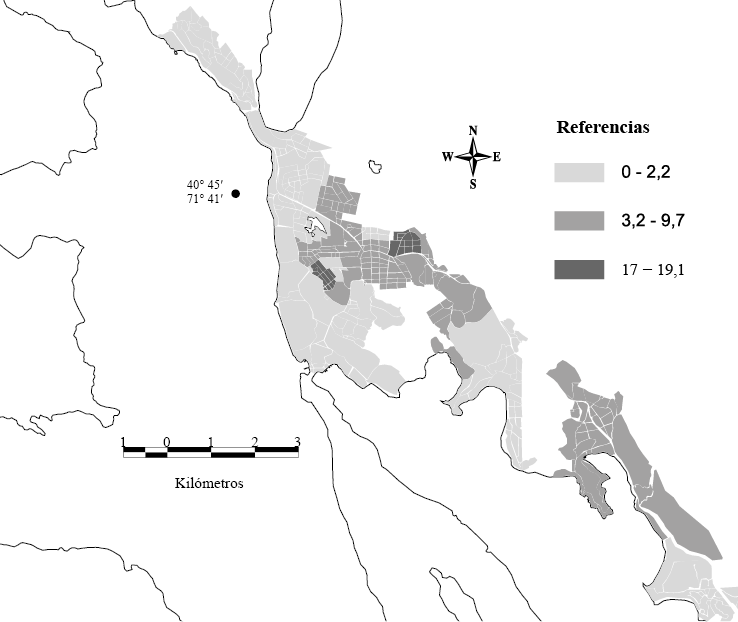  Distribuci&oacute;n de la asistencia de agua potable en Villa La Angostura, Neuqu&eacute;n, durante la emergencia volc&aacute;nica de 2011 (%)