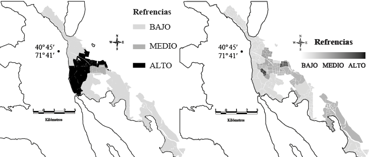 Mapa de vulnerabilidad. Villa La Angostura, Neuqu&eacute;n. 2010. Izquierda: mapa final de vulnerabilidad. Derecha: mapa de la ayuda distribuida durante la emergencia volc&aacute;nica.