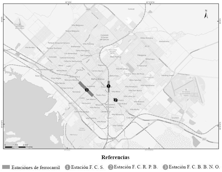  Emplazamiento general de las tres estaciones: 1. FCS; 2. FCRPB; 
			3. FCBBNO.