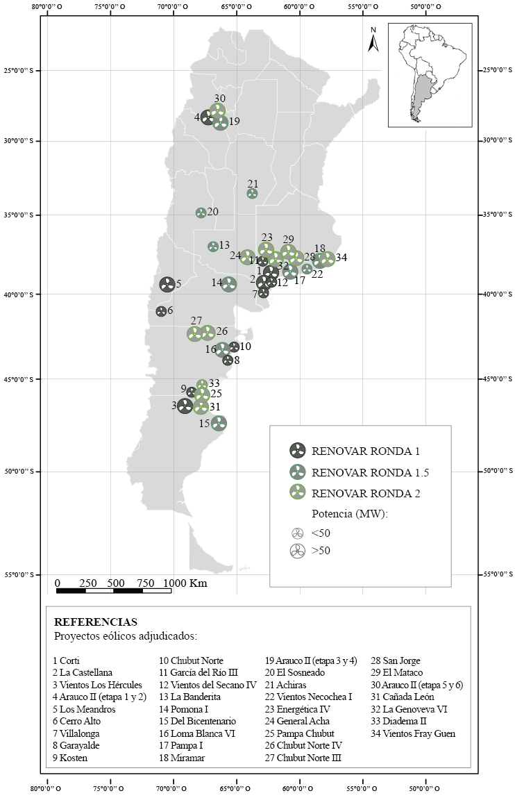  Proyectos e&oacute;licos adjudicados en el programa RenovAR (Argentina, 2017).