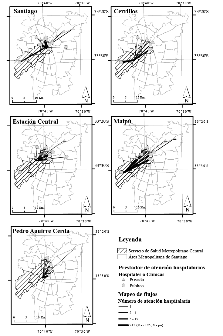  Mapeo de flujos de municipio de residencia hacia lugares de atención hospitalaria, Área Metropolitana de Santiago, año 2016. 