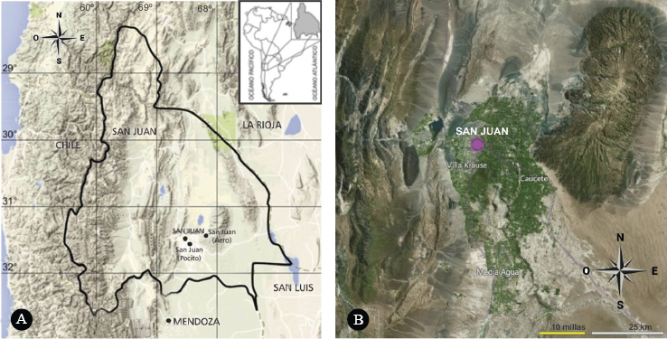 a. Ubicaci&oacute;n de la Estaci&oacute;n Meteorol&oacute;gica D. F. Sarmiento (San Juan Aero). b. Emplazamiento del Valle de Tulum (verde) con su espacio cultivado.