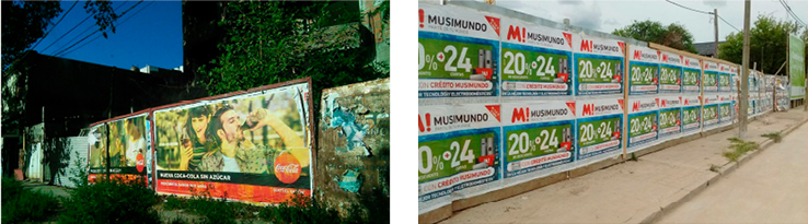 Publicidad en el territorio en las ciudades de Junín (izquierda) y Olavarría (derecha).