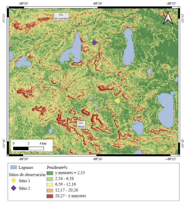 Mapa de valores de pendientes en porcentaje y localizaci&oacute;n de sitios de observaci&oacute;n.