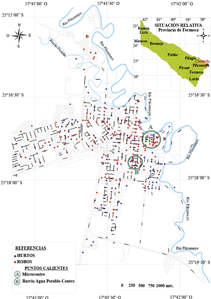 Distribuci�n espacial de los delitos de hurtos, robos y sus grados de tentativa. Ciudad de Clorinda. Per�odo 2017-2019.