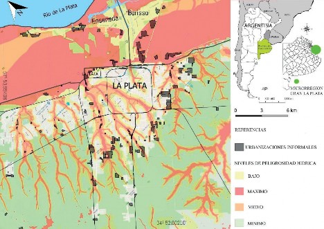 Localizacin de urbanizaciones informales respecto de niveles de peligrosidad hdrica en el Partido de La Plata.