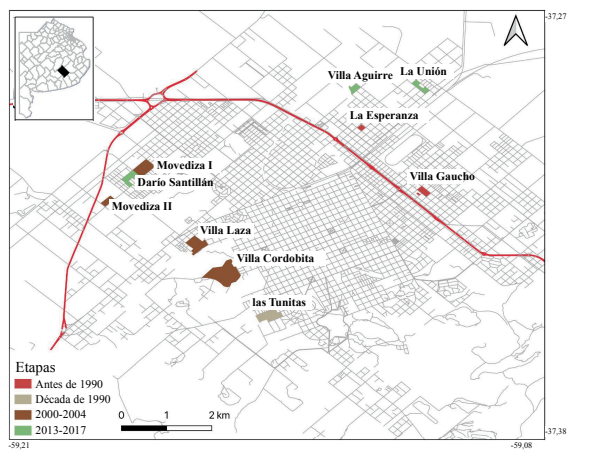 Localización espacio temporal de asentamientos y barrios populares de la ciudad de Tandil.