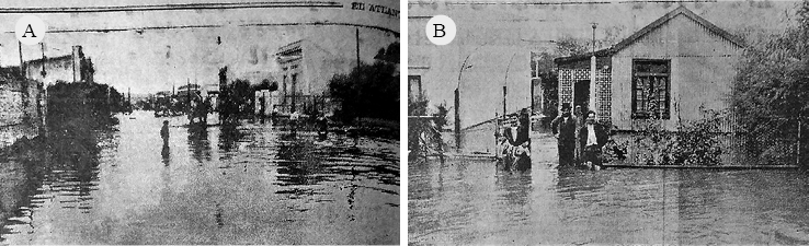 Inundaci�n en el barrio Villa Mitre de la ciudad de Bah�a Blanca por el desborde del arroyo Napost� Grande: a). Nota: &ldquo;&hellip; la esquina de An�bal y Maip� en Villa Mitre, donde a las 3 de ayer la altura del agua alcanz� a 1,25 metros. En otros parajes pr�ximos al arroyo Napost� hubo m�s de dos metros de agua&rdquo; (El Atl�ntico, 9 de abril de 1944, p. 9); b). Nota: &ldquo;&hellip; familias de Villa Mitre que resultaron inundadas por el desbordamiento del Napost�. Un apreciable n�mero de familias debieron ser retiradas por los bomberos y la polic�a para trasladarlas a lugares seguros&rdquo; (El Atl�ntico, 9 de abril de 1944, p. 9).