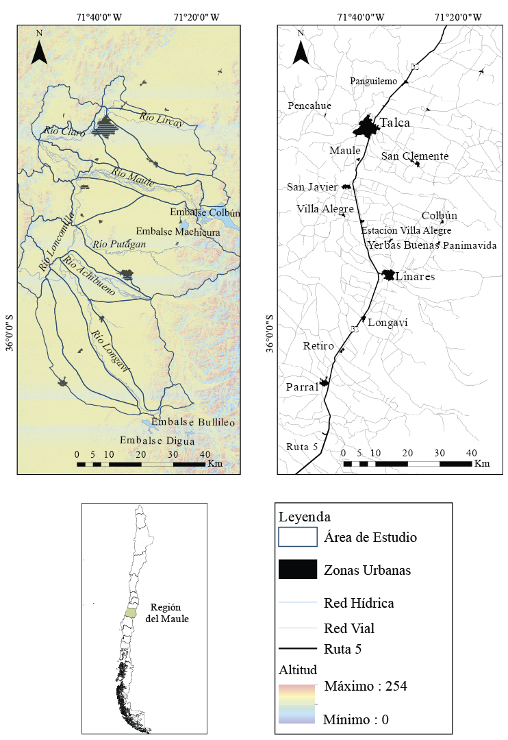 Cartografía base del área de estudio presentando características naturales y áreas urbanas.