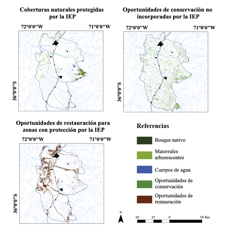 Zonas con oportunidades de conservación y restauración como aporte a la Infraestructura Ecológica Planeada en el área de estudio.