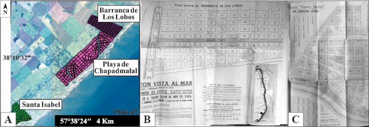 a) Loteo de Barranca de Los Lobos, Playa de Chapadmalal y Santa Isabel. b) Plano de Barranca de Los Lobos de una publicidad inmobiliaria. c) Plano de Santa Isabel de una publicidad inmobiliaria.