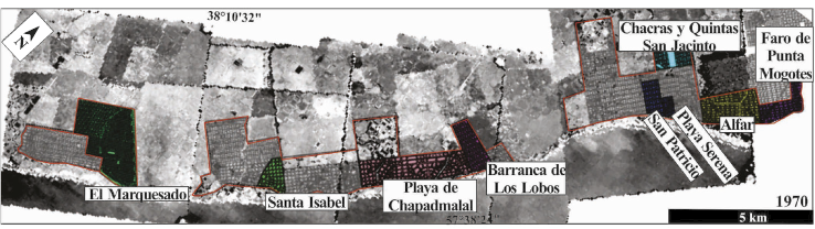 Loteos en 1970. Se resalta en color las manzanas con construcciones y en sombreado solo las manzanas trazadas.