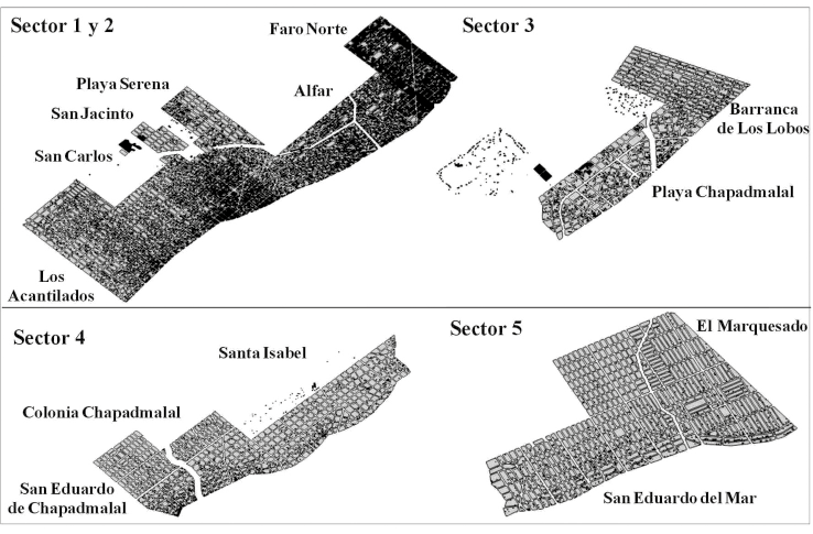 Capa de construcciones totales al ao 2021 digitalizadas (negro) sobre la capa de manzanas (celeste).