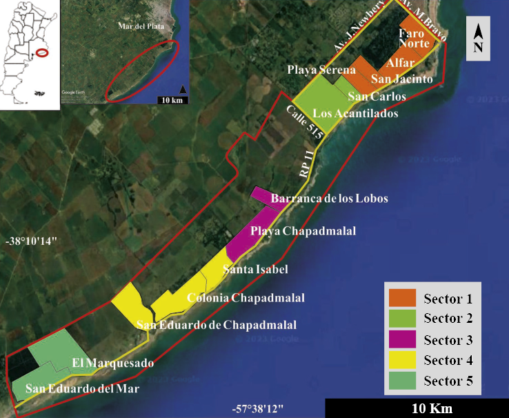 Ubicacin de la zona de estudio (recuadro rojo) con los principales accesos. Reconocimiento de los barrios actuales y sectores considerados para este trabajo.