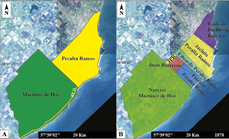 a) Territorios de las familias Martnez de Hoz y Peralta Ramos considerados para este estudio. b) Subdivisiones y propietarios hacia el ao 1878.