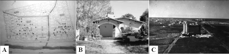 A) Plano de Barrio Alfar. B) Chalet tpico. C) Torre Alfar.