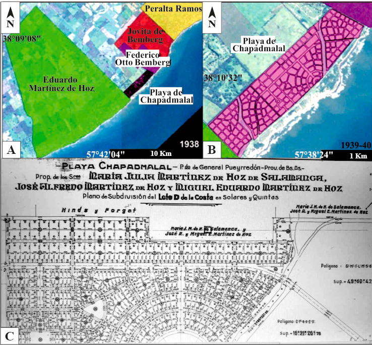 a) Divisin del territorio de Miguel Alfredo Martnez de Hoz. b) Loteo de Playa Chapadmalal. c) Plano original ao 1939.