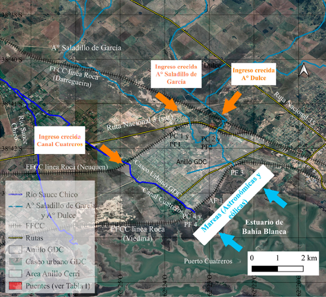 Fuentes causantes de inundaci�n de GDC con las secciones de control (Puentes) de entrada y salida de agua al Anillo.