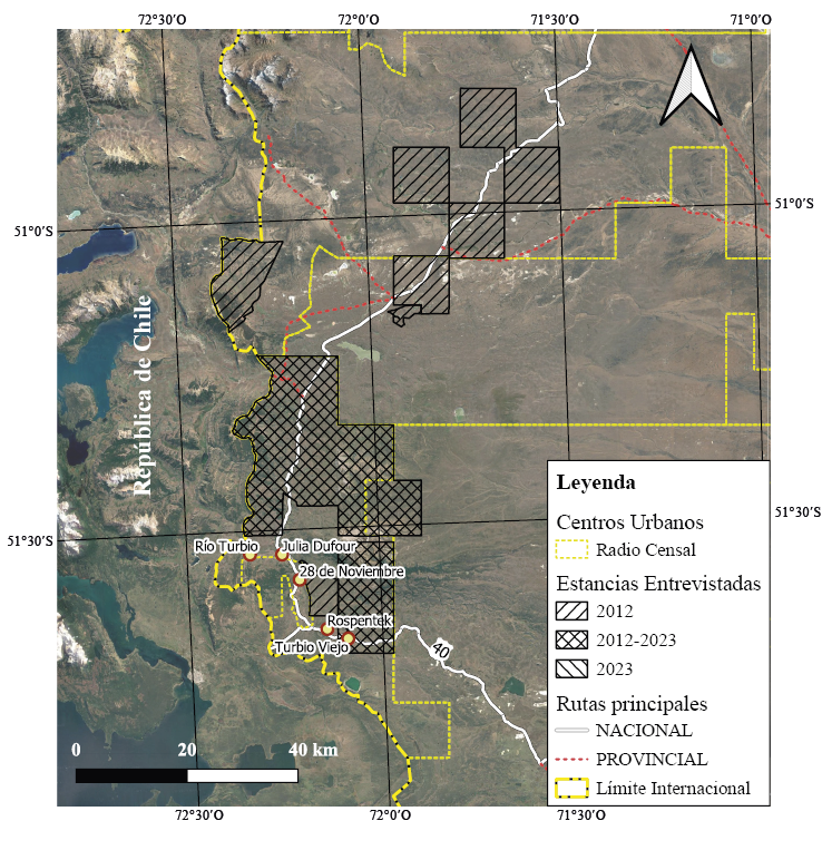 Mapa de ubicaci�n de la regi�n de R�o Turbio, identificaci�n de los centros urbanos y Estancias entrevistados en 2012 y/o 2023. Proyecci�n: EPSG 4326 &ndash; WGS 84.