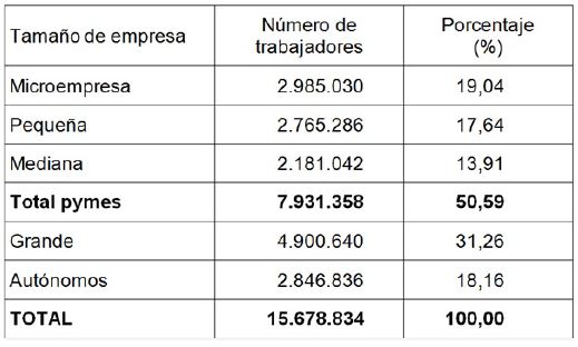 N&uacute;mero de trabajadores por tama&ntilde;o de empresa, 2016