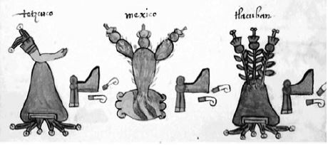 P&aacute;gina 34 do Codex Osuna com glifos de Texcoco, Tenochtitlan e Tlacop&aacute;n