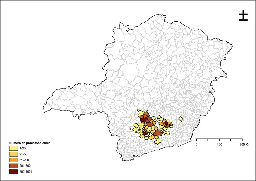 Estado de Minas Gerais - Brasil. Abrang&ecirc;ncia dos Crimes registrados
							nos F&oacute;runs de Conselheiro Lafaiete, Itapecerica, Lavras, Oliveira e S&atilde;o
							Jo&atilde;o Del Rei, 1792-1930